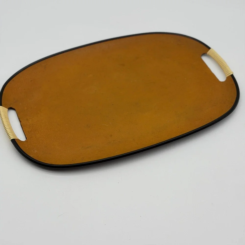 Vtg Mid Century Modern Mustard Yellow Faux Leather Wicker Handle Serving Tray